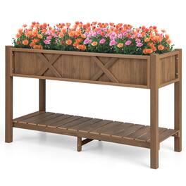 Costway - HIPS Raised Garden Bed Poly Wood Elevated Planter Box with Legs, Storage Shelf - Coffee