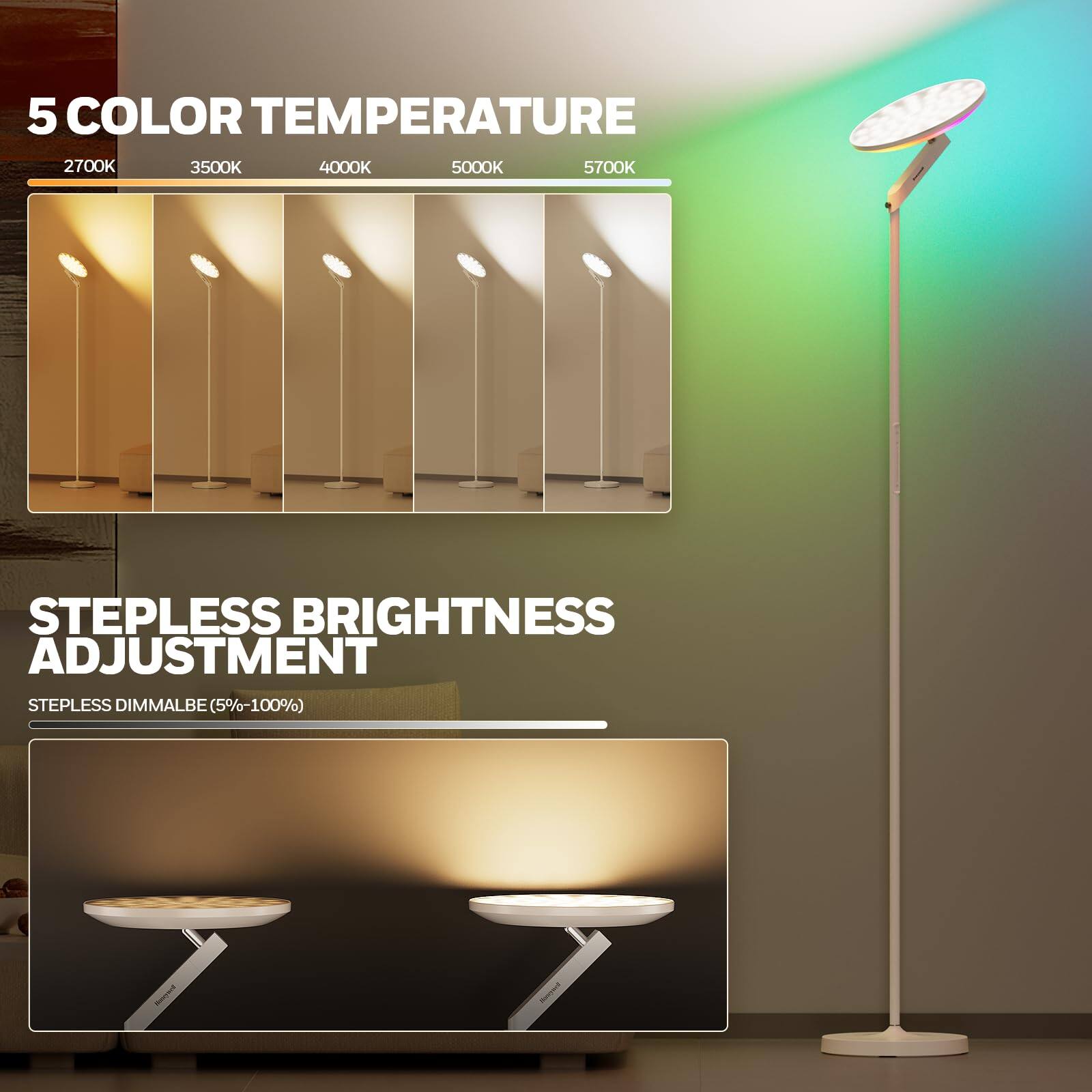 5 COLOR TEMPERATURE: 2700K, 3500K, 4000K, 5000K, 5700K  
STEPLESS BRIGHTNESS ADJUSTMENT  
STEPLESS DIMMABLE (5%-100%)