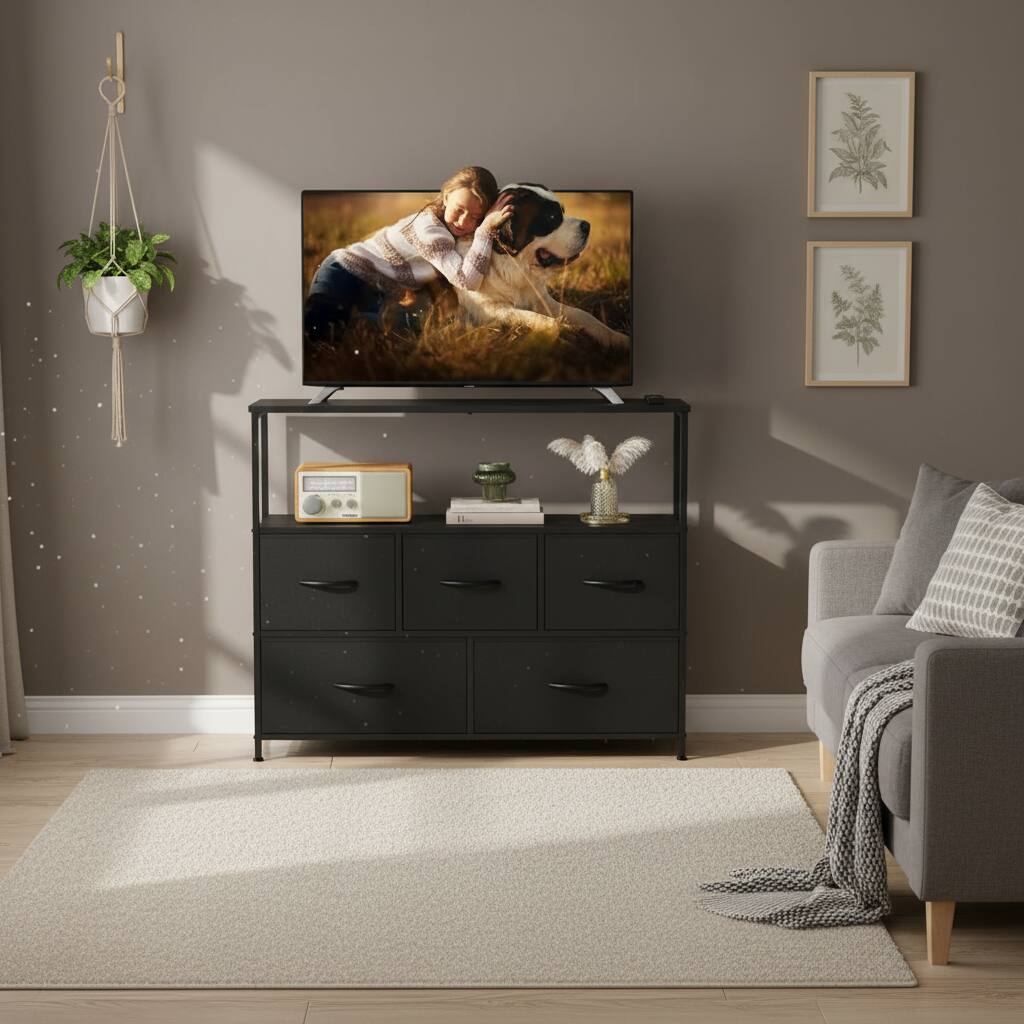 Angle. AOITUN - 5-Drawer Fabric Dresser, 39.4" Narrow TV Stand for 43 Inch TV, Tall Storage Chest for Small Bedroom - Black.