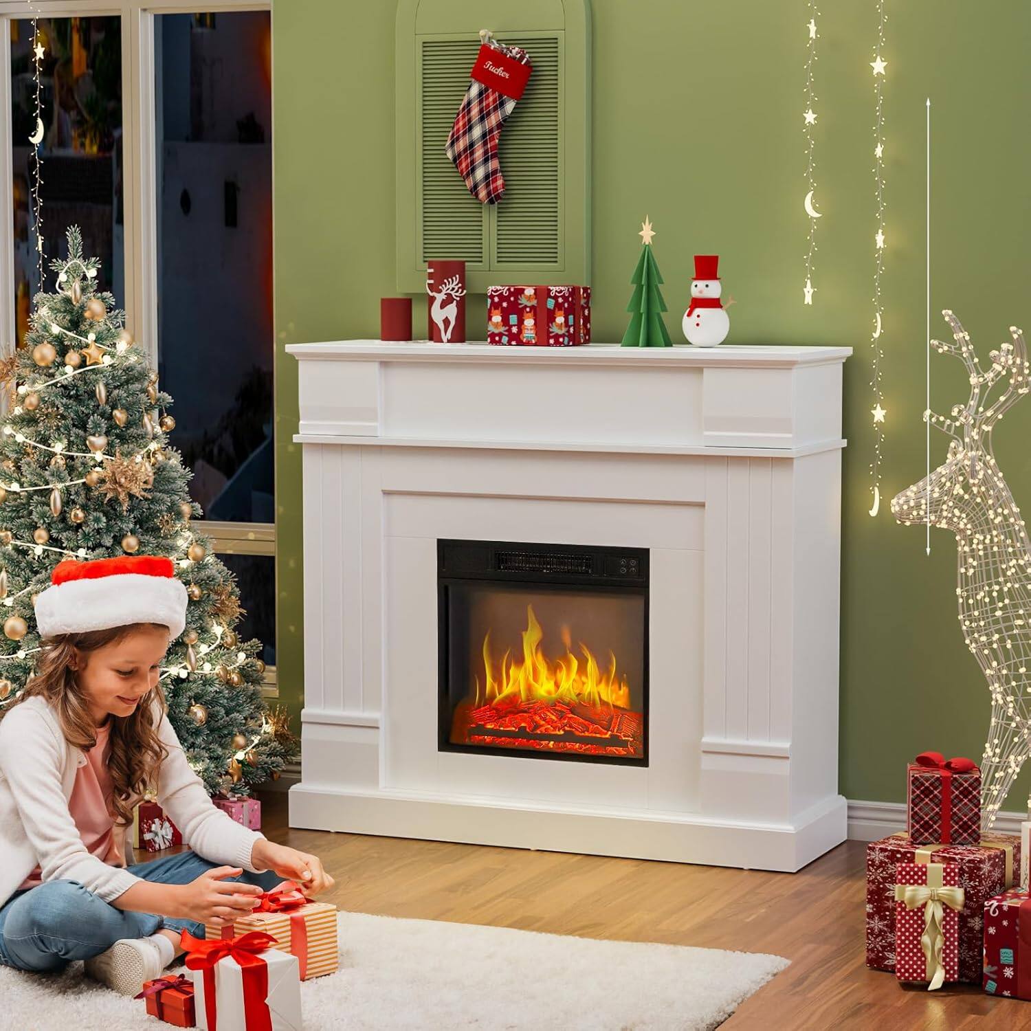 Alt View 6. Winado - 43" Electric Fireplace with Mantel, Freestanding Wooden Surround Firebox with 1400W Fireplace Heater, 3D Flame Effect.