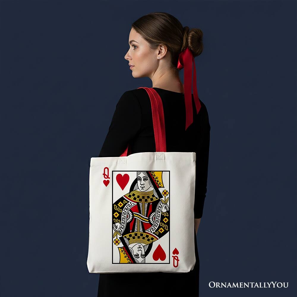 Left. OrnamentallyYou - Queen of Hearts Crown Canvas Tote Bag, Royal Retro Valentine Gift Bag - White Red.