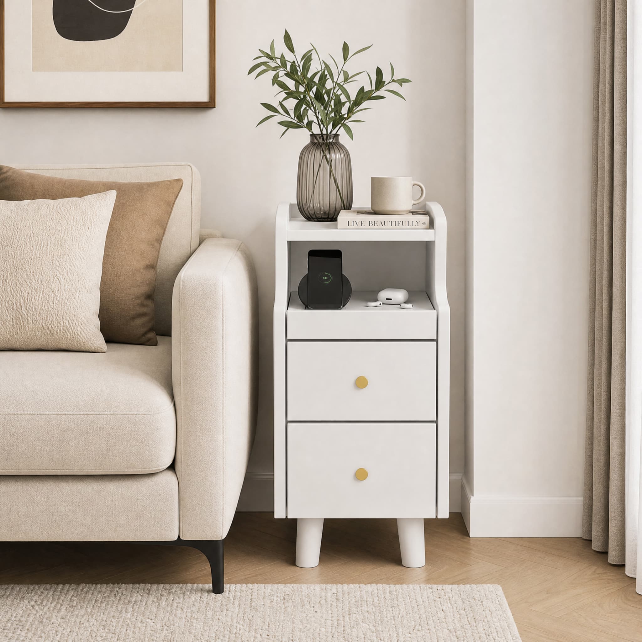 WELLFOR - Set of 2 Solid Wood Nightstands with Pull-out Tray and 2 Storage Drawers - White