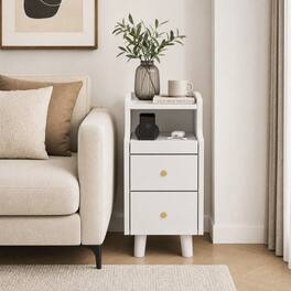 WELLFOR - Set of 2 Solid Wood Nightstands with Pull-out Tray and 2 Storage Drawers - White