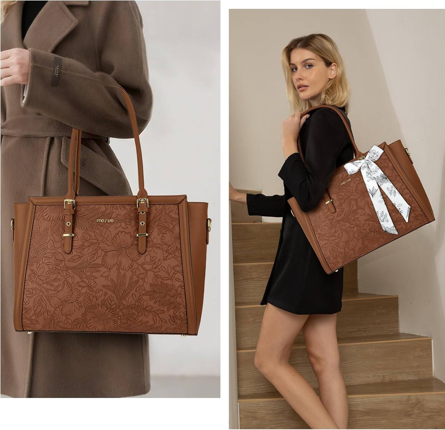 Angle. mosiso - Laptop Bag for Women 17-17.3 inch PU Leather Tote Bag Work Briefcase Computer Bags - Brown.