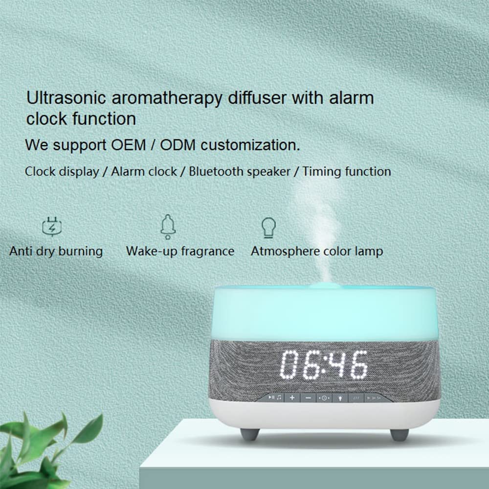 Ultrasonic aromatherapy diffuser with alarm clock function  
We support OEM / ODM customization.  
Clock display / Alarm clock / Bluetooth speaker / Timing function  
Anti dry burning  
Wake-up fragrance  
Atmosphere color lamp  

06:46