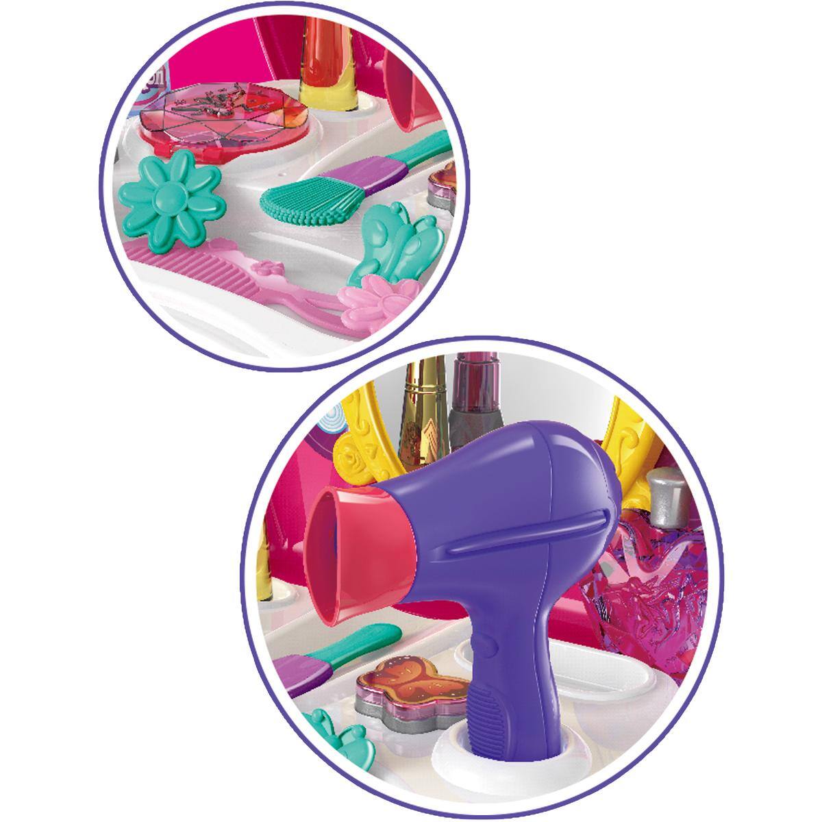 Back. JuzToys - Pretend Play for Toddlers 3-5, 20pcs Hair Salon Makeup Toys for Girls with Makeup Box Cosmetic Hair Dryer Comb Pink - Pink.