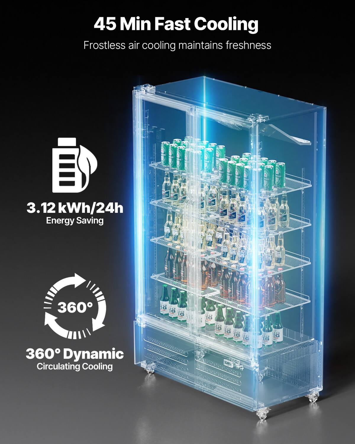 45 Min Fast Cooling Frostless air cooling maintains freshness
3.12 kWh/24h Energy Saving
360° Dynamic Circulating Cooling