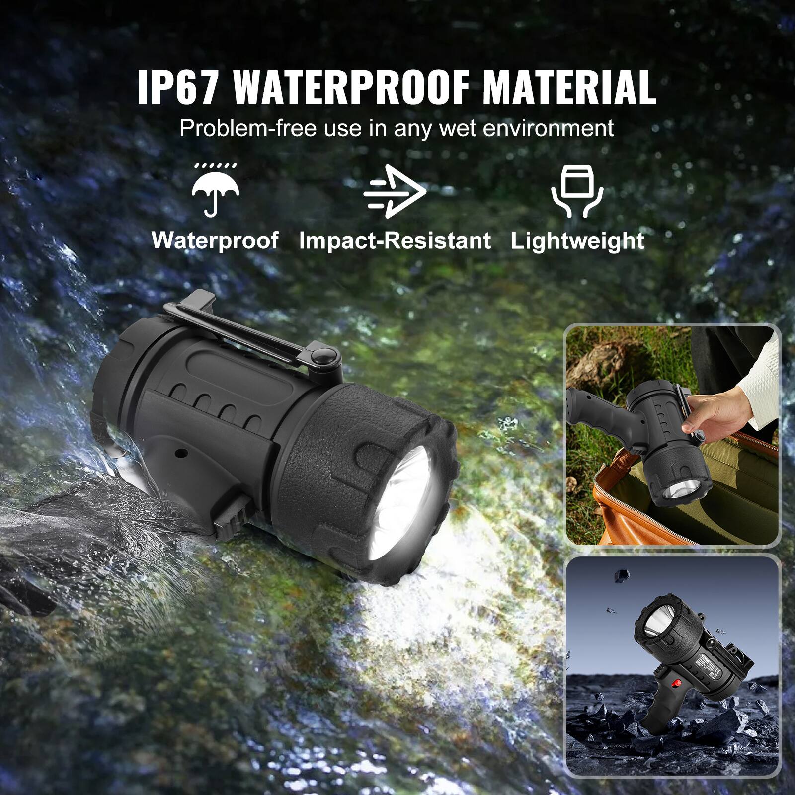 IP67 WATERPROOF MATERIAL  
Problem-free use in any wet environment  
Waterproof  
Impact-Resistant  
Lightweight