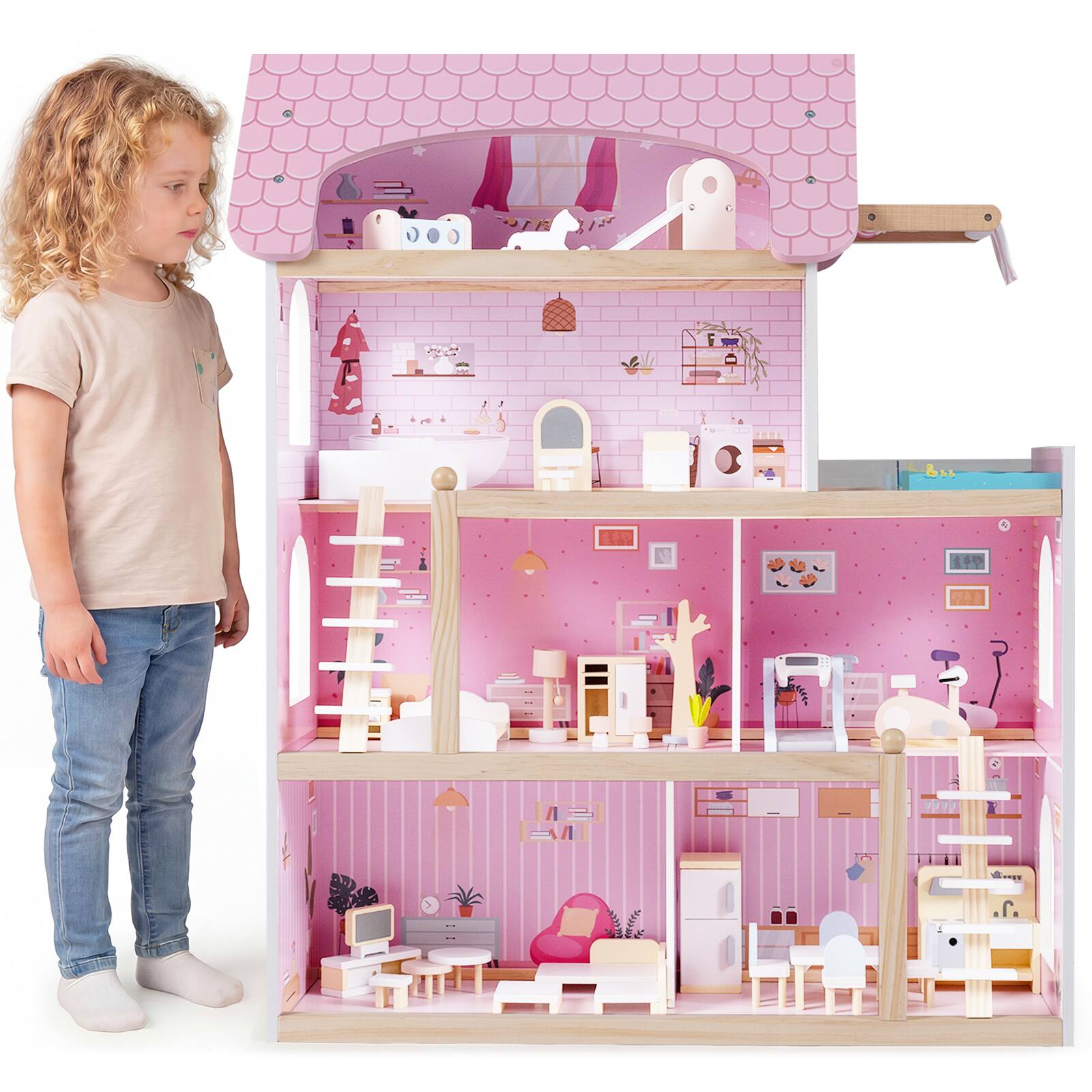 Alt View 9. Costway - Costway Kids Wooden Dollhouse 4-Story Modern Doll House with 33Pcs Furniture Accessories - Pink.