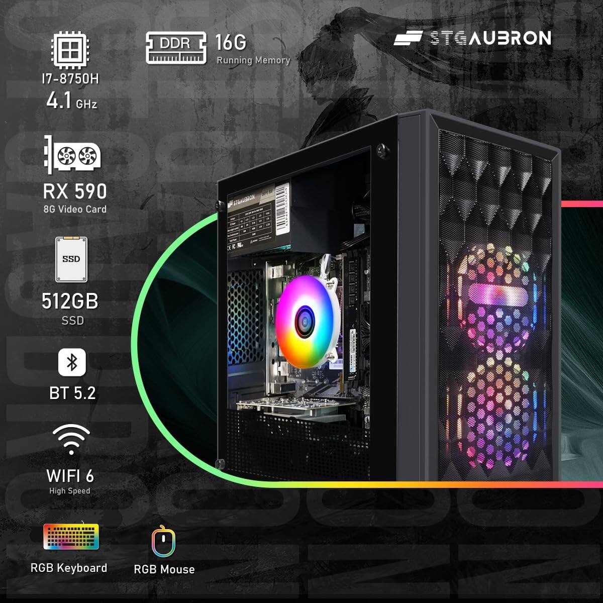 DDR 16G, STGAUBRON, STG S E, 17-8750H, 4.1 GHz, Running Memory, RX 590, 8G Video Card, SSD T 512GB, SSD, BT 5.2, WIFI 6, High Speed, RGB Keyboard, RGB Mouse