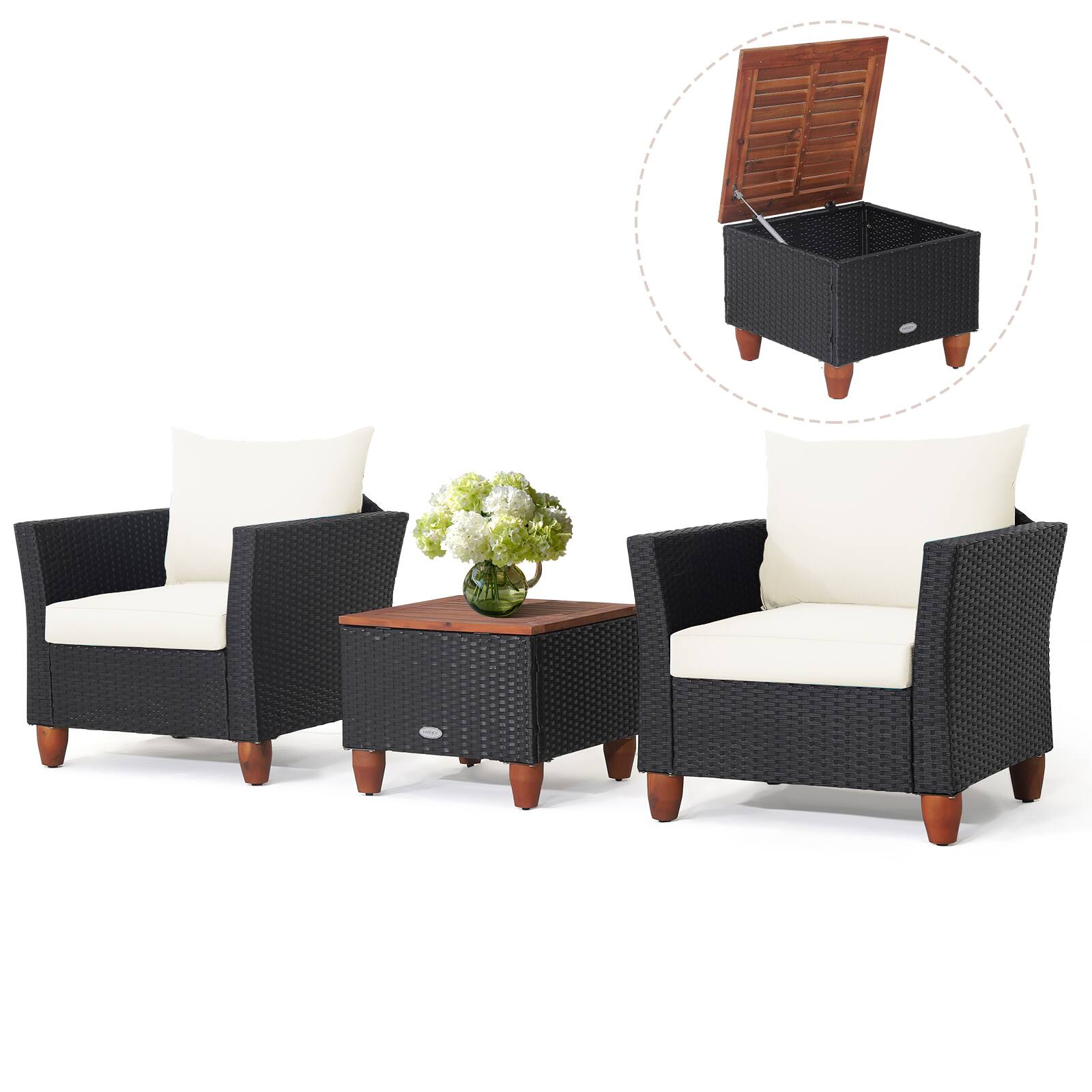 Alt View 5. Gymax - Gymax 3PCS Rattan Furniture Set Cushioned Sofa Storage Table W/ Wood Top Patio White - Black.