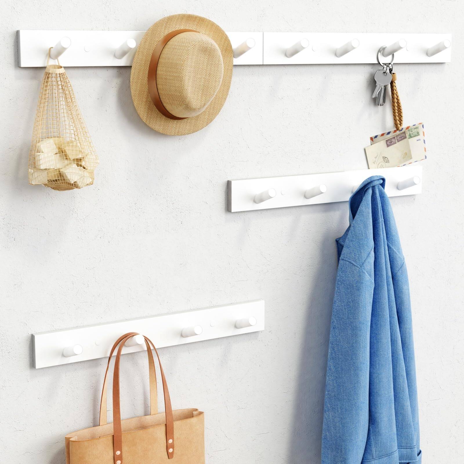 Front. HM 1810 - Wood Coat Rack Wall Mount Set Of 4 Wooden Hooks For Bathroom Towels Vertical Hanger Room Bedroom Office... - White.