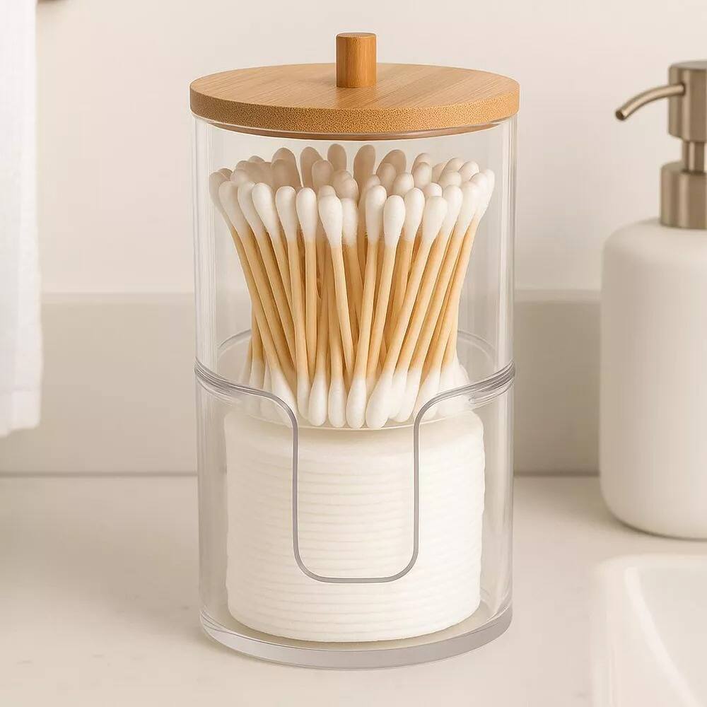 Left. Elle - Acrylic Q tip Dispenser and Cotton Pad Holder with Bamboo Lid, 2 Tier Nonslip Round Bathroom Organizer Jar - Clear/Natural Bamboo.