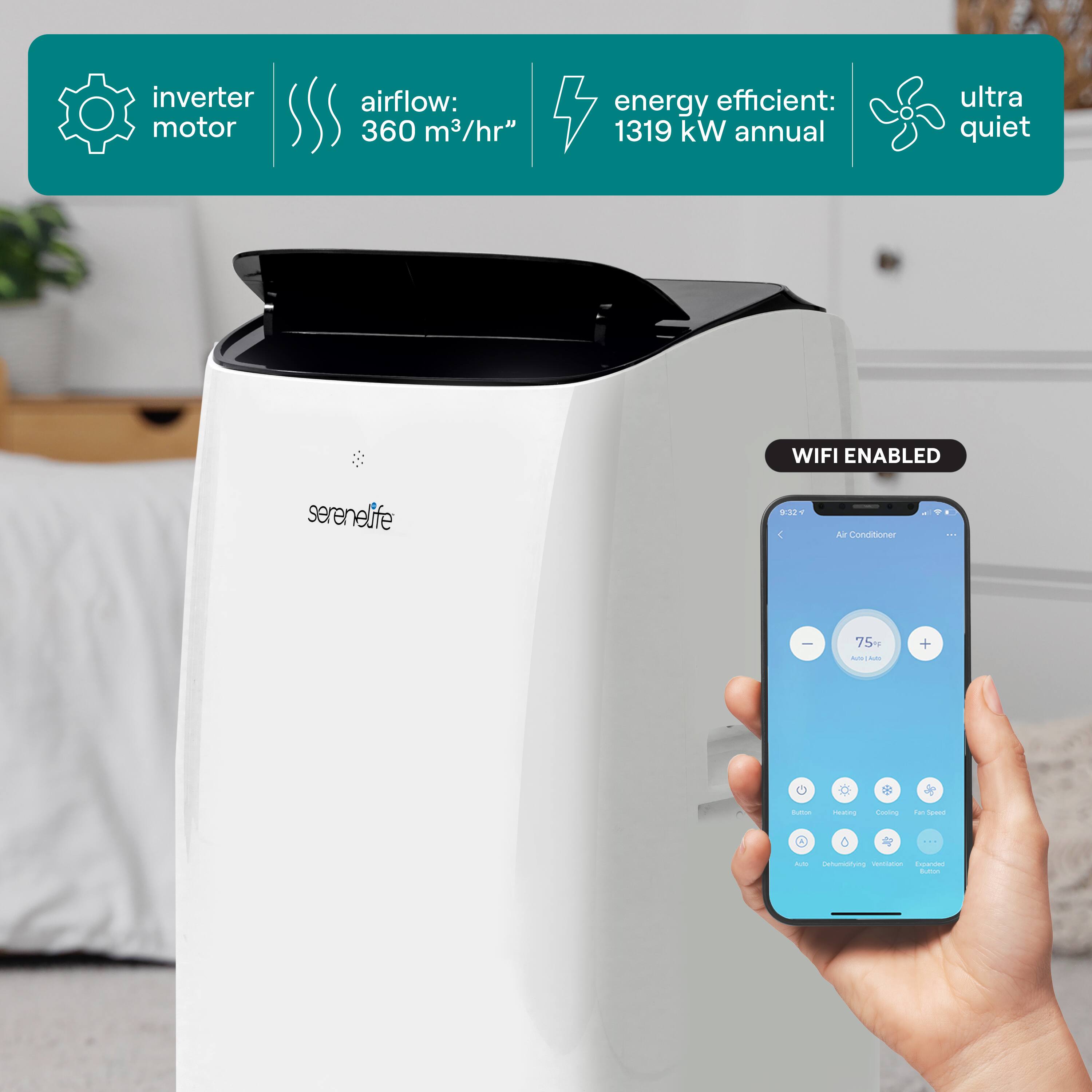 inverter motor airflow: 360 m³/hr" energy efficient: 1319 kW annual ultra quiet WIFI ENABLED serenelife O. N Contioner - oe 75