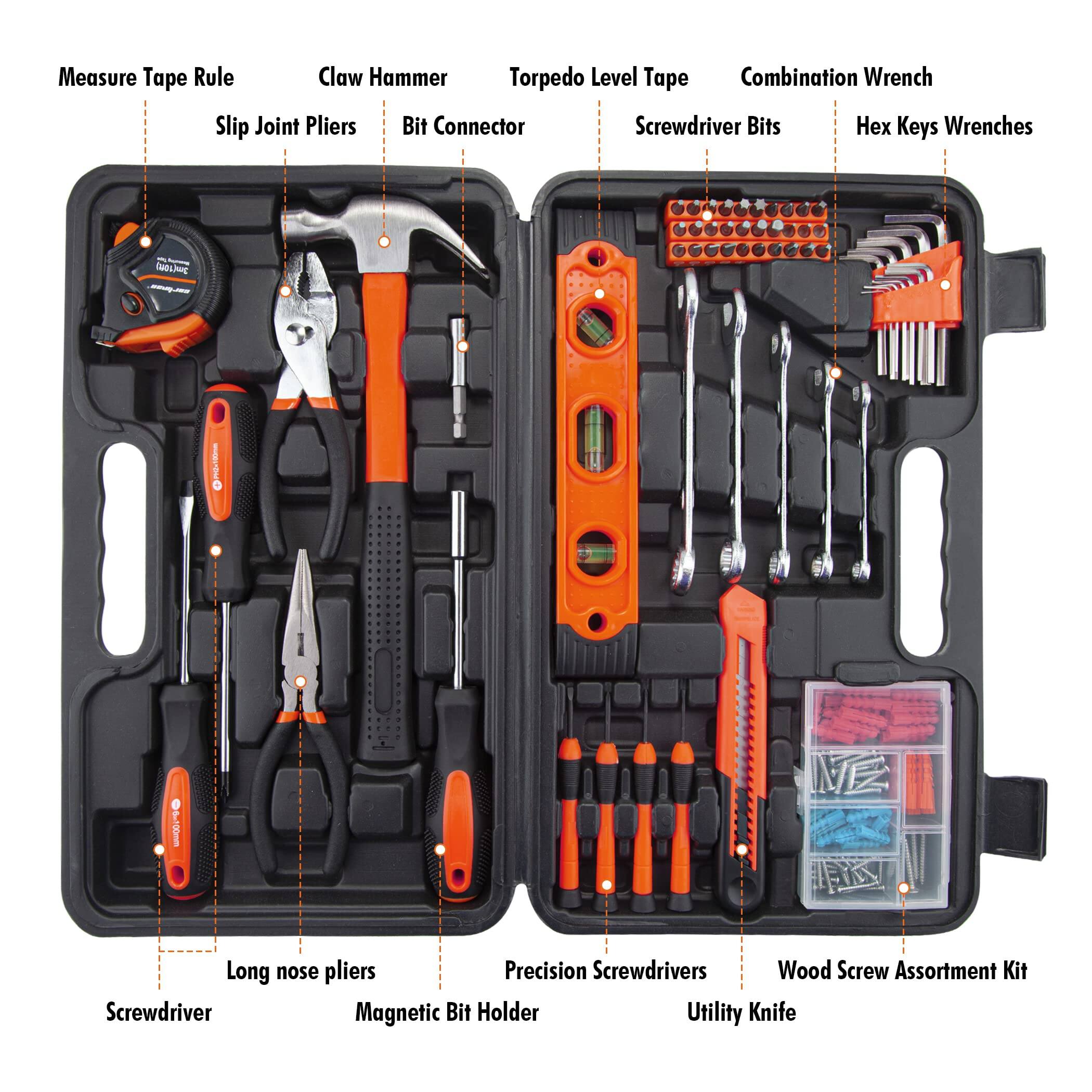 - Measure Tape Rule
- Claw Hammer
- Torpedo Level Tape
- Combination Wrench
- Slip Joint Pliers
- Bit Connector
- Screwdriver Bits
- Hex Keys Wrenches
- Long nose pliers
- Precision Screwdrivers
- Wood Screw Assortment Kit
- Utility Knife
- Screwdriver
- Magnetic Bit Holder