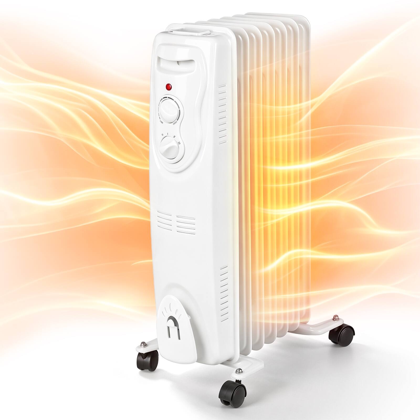 Front. Airo Comfort - 1500-Watt 25 in 7-Fin Oil-Filled Radiator Space Heater with Adjustable Thermostat 3 Heat Settings and Wheels White - White.