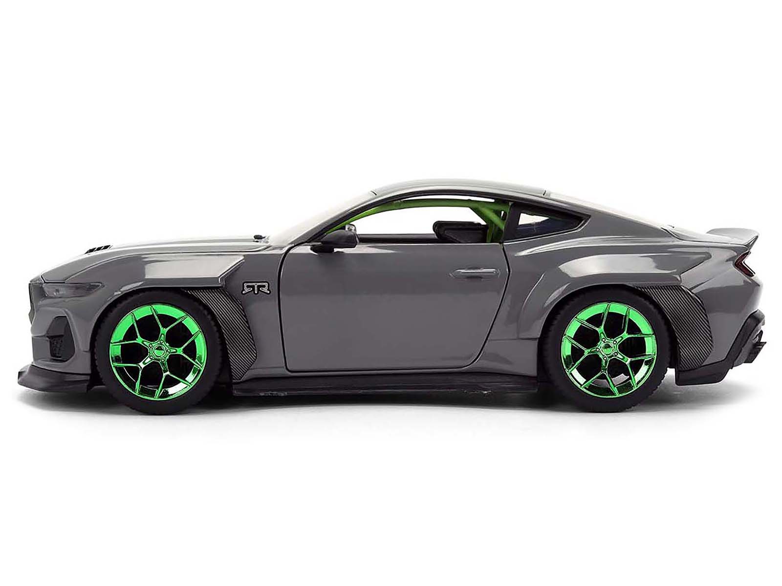 Left. Jada - 2024 Ford Mustang RTR Gray with Green Wheels "Bigtime Muscle" Series 1/24 Diecast Model Car by Jada - Gray with Green.