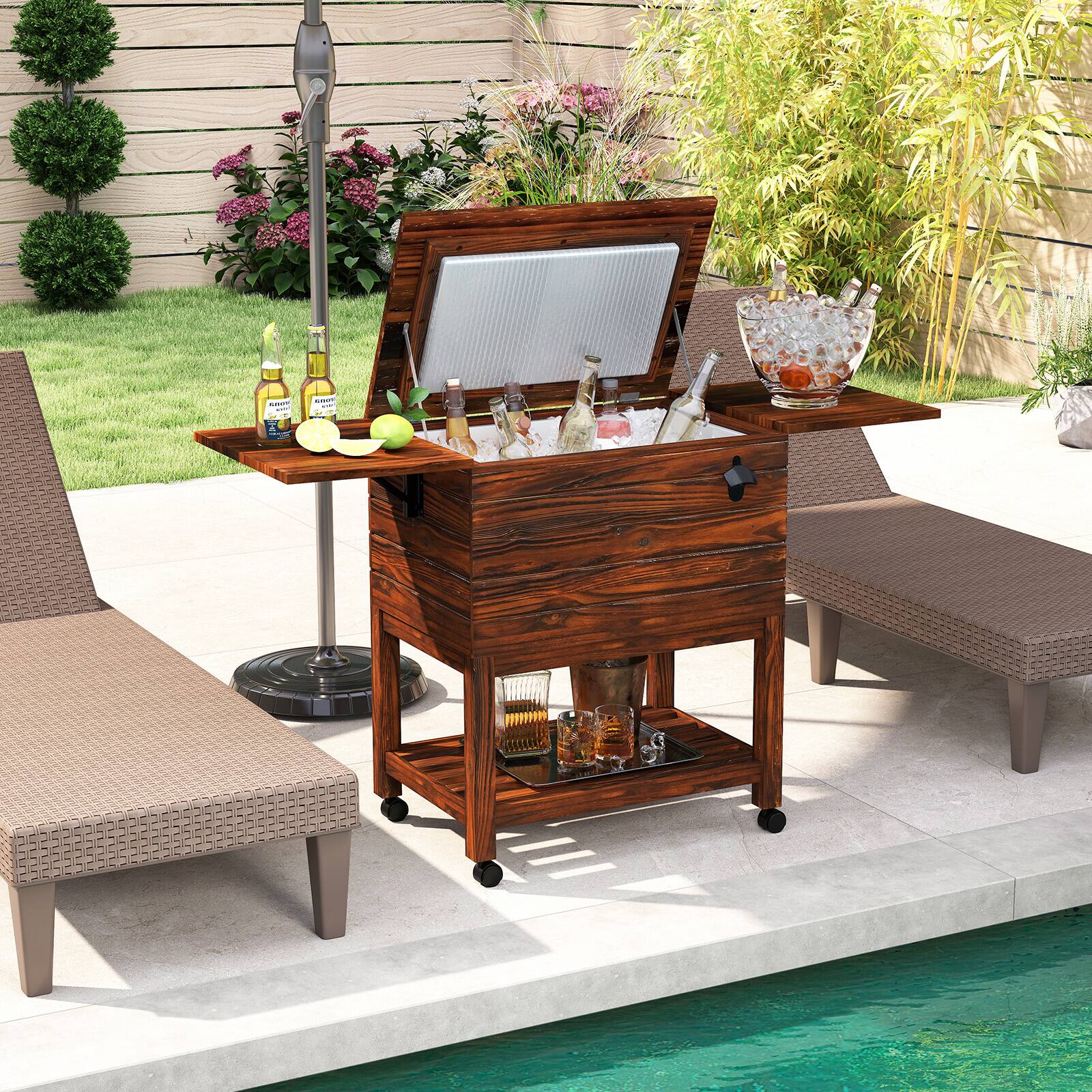 Gymax 54 Quart Rolling Wooden Patio Cooler Cart w/ 2 Drop Leaf