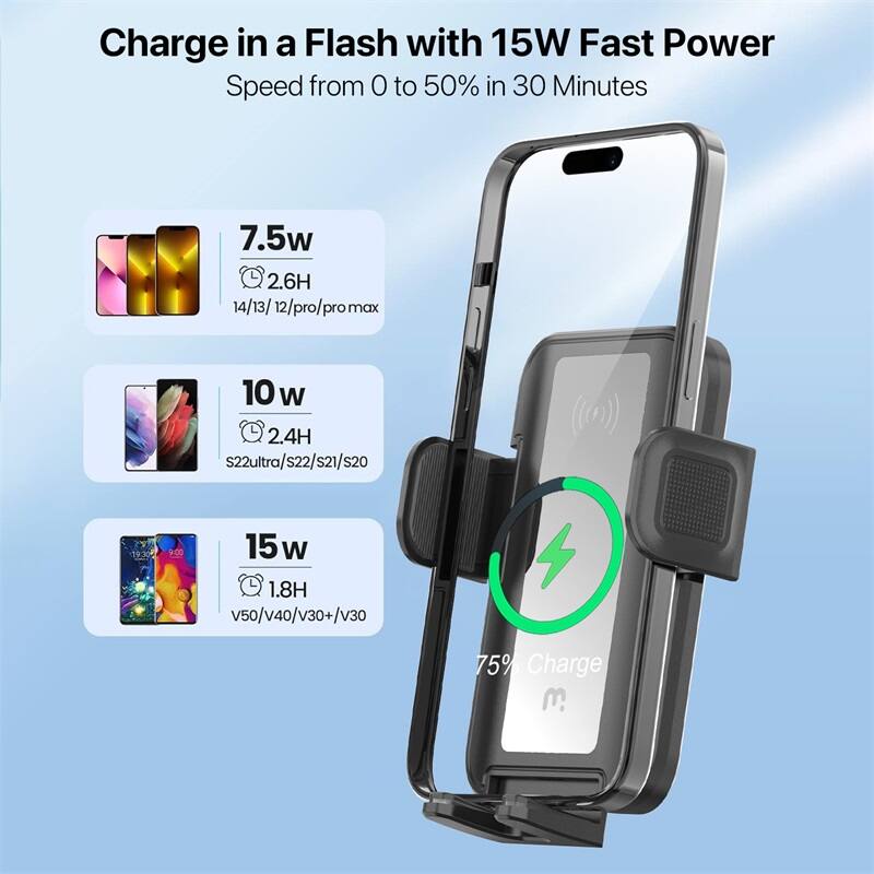 Charge in a Flash with 15W Fast Power
Speed from 0 to 50% in 30 Minutes
7.5w 2.6H 14/13/12/pro/promax
10 W 2.4H s2ultra/s22/s21/s20
15w W 1.8H v50/v40/v30+/v30 75% Charge