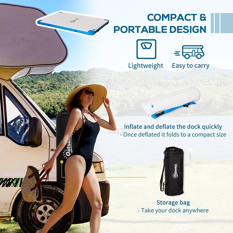 COMPACT & PORTABLE DESIGN

Lightweight
Easy to carry

Inflate and deflate the dock quickly - Once deflated it folds to a compact size

Outsunny Storage bag - Take your dock anywhere