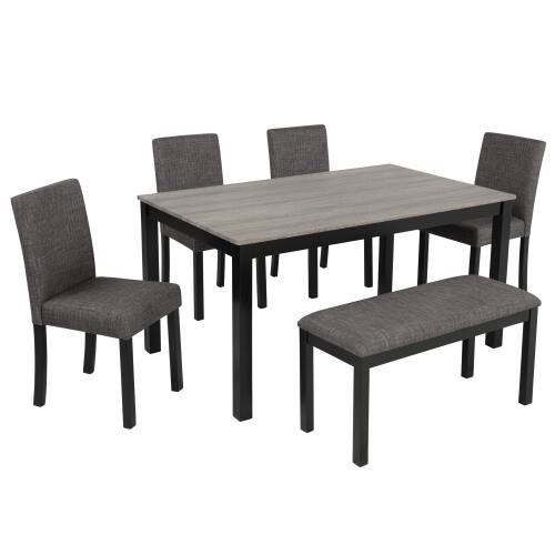 Alt View 4. LUCKY ONE - 6-Piece Dining Set with 58.5" Rectangular Dining Table, Bench and 4 Upholstered Chairs - Black+Light Gray.