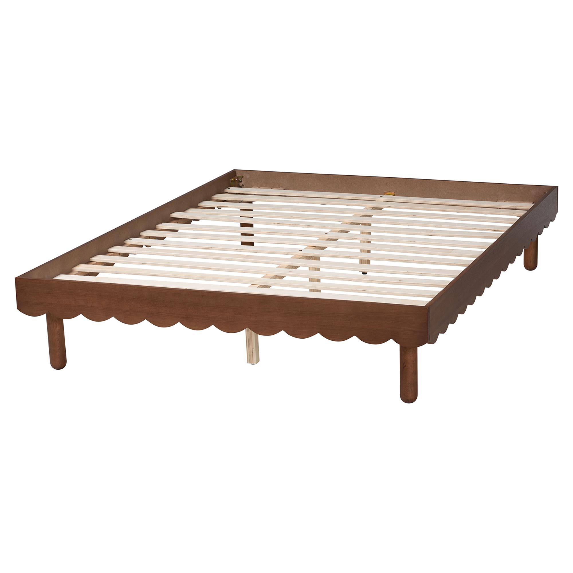 Left. Baxton Studio - Orianthe Wood Platform Bed Frame with Scalloped Edge Design - Low Profile Bed Base, Queen Size - Walnut Brown.