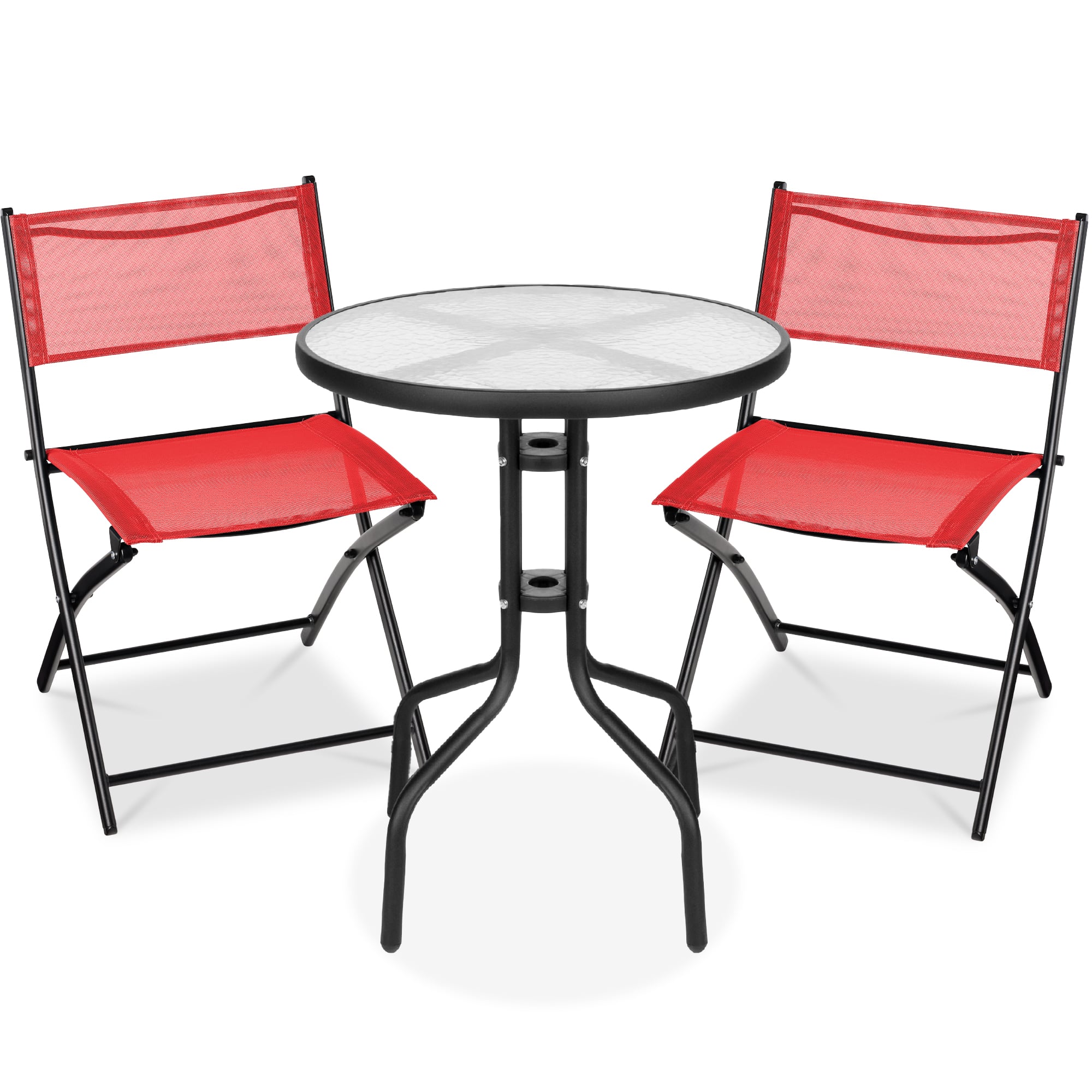 Best Choice Products - 3-Piece Patio Bistro Dining Furniture Set w/ Glass Tabletop, Folding Chairs - Red