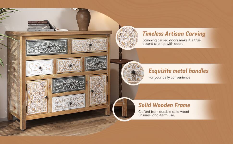 **INTERIORS PARISIAN**

- **Timeless Artisan Carving**  
  Stunning carved doors make it a true accent cabinet with doors

- **Exquisite Metal Handles**  
  For your daily convenience

- **Solid Wooden Frame**  
  Crafted from durable solid wood  
  Ensures long-term use