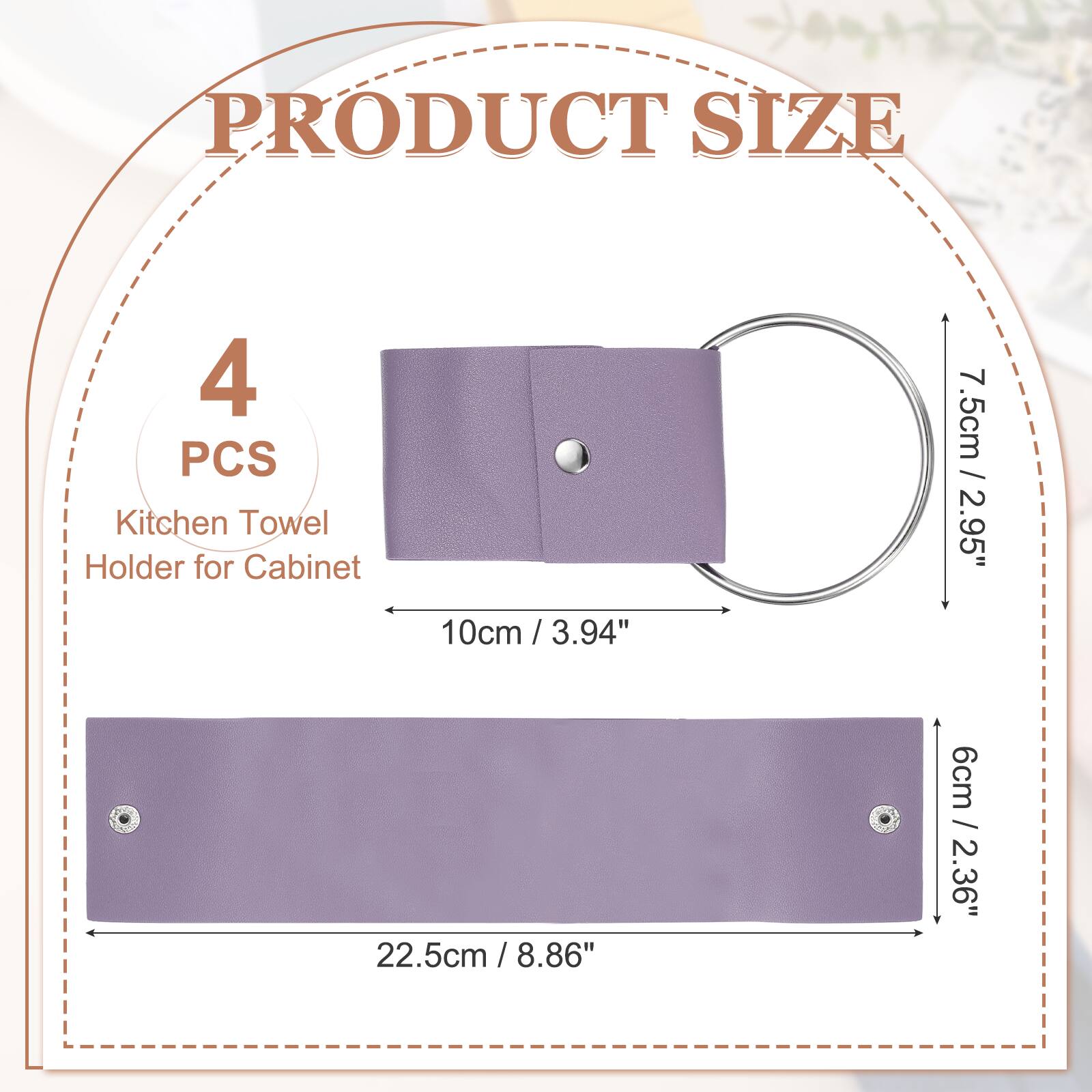 PRODUCT SIZE

4 PCS Kitchen Towel Holder for Cabinet

10cm / 3.94"  
22.5cm / 8.86"  
7.5cm / 2.95"  
6cm / 2.36"