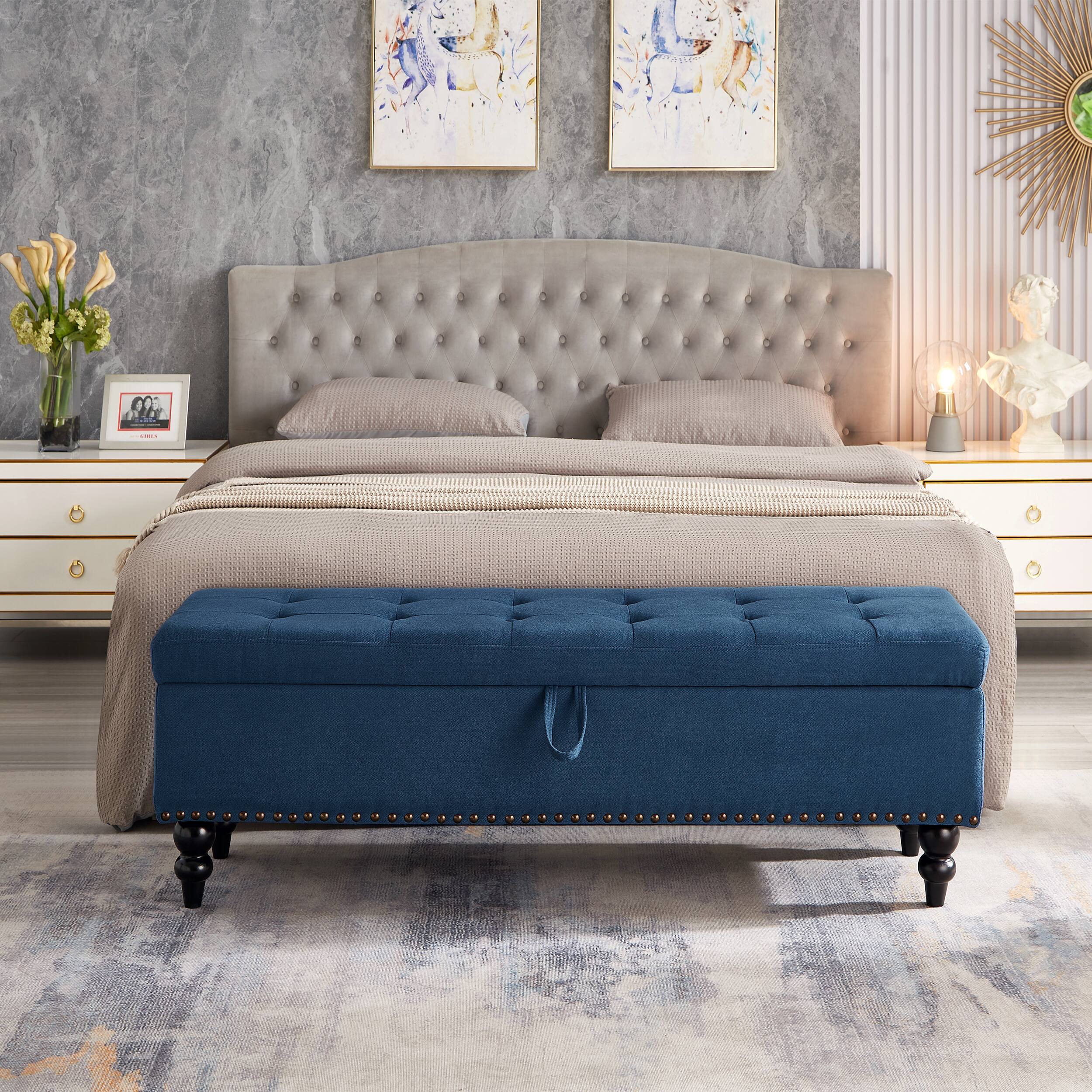 Angle. Ropilly - Ropilly 59 Inch Blue Fabric Storage Bench Button Tufted End of Bed Ottoman - Blue.