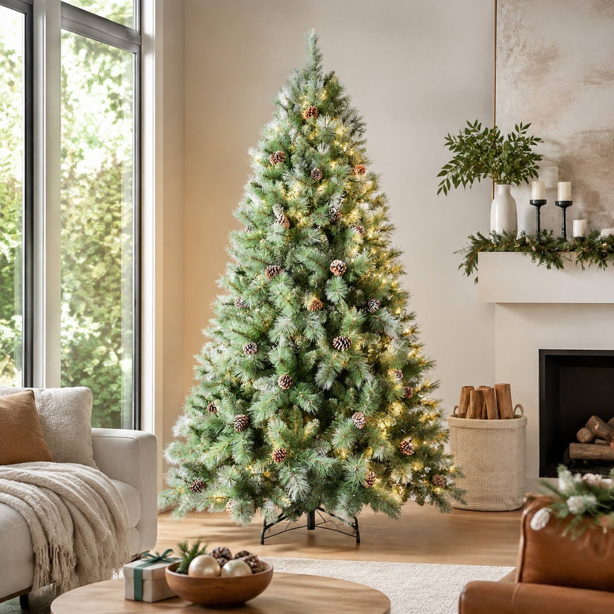 Back. RYHNUYNE - 6FT Christmas Tree With 66 Pine Cones, 988 Mixed PVC Hard Needle Branches Hinged Structure Sturdy Metal Stand - Green.