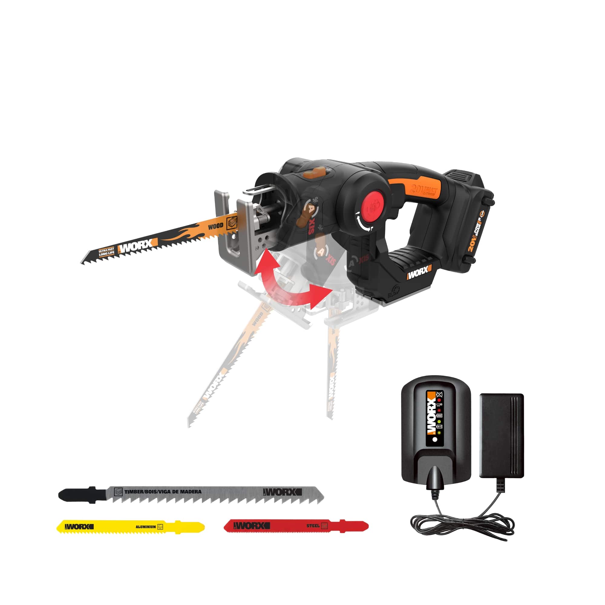 The image features a Worx brand electric saw with a red and black handle, along with a yellow and red blade. The saw is placed on a stand, and there is a black charger nearby. The image also includes a red and black handle, which is likely a part of the saw. The Worx brand is known for its innovative and versatile tools, and this electric saw is no exception.
