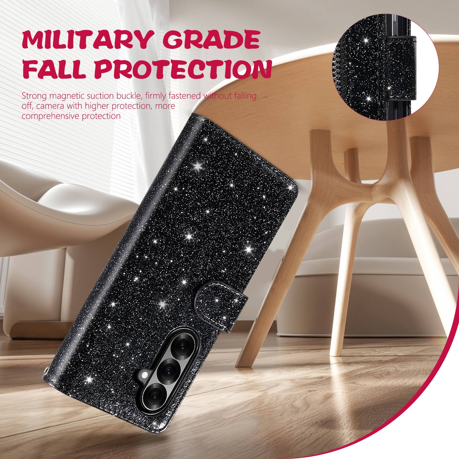 MILITARY GRADE FALL PROTECTION

Strong magnetic suction buckle, firmly fastened without falling off, camera with higher protection, more comprehensive protection