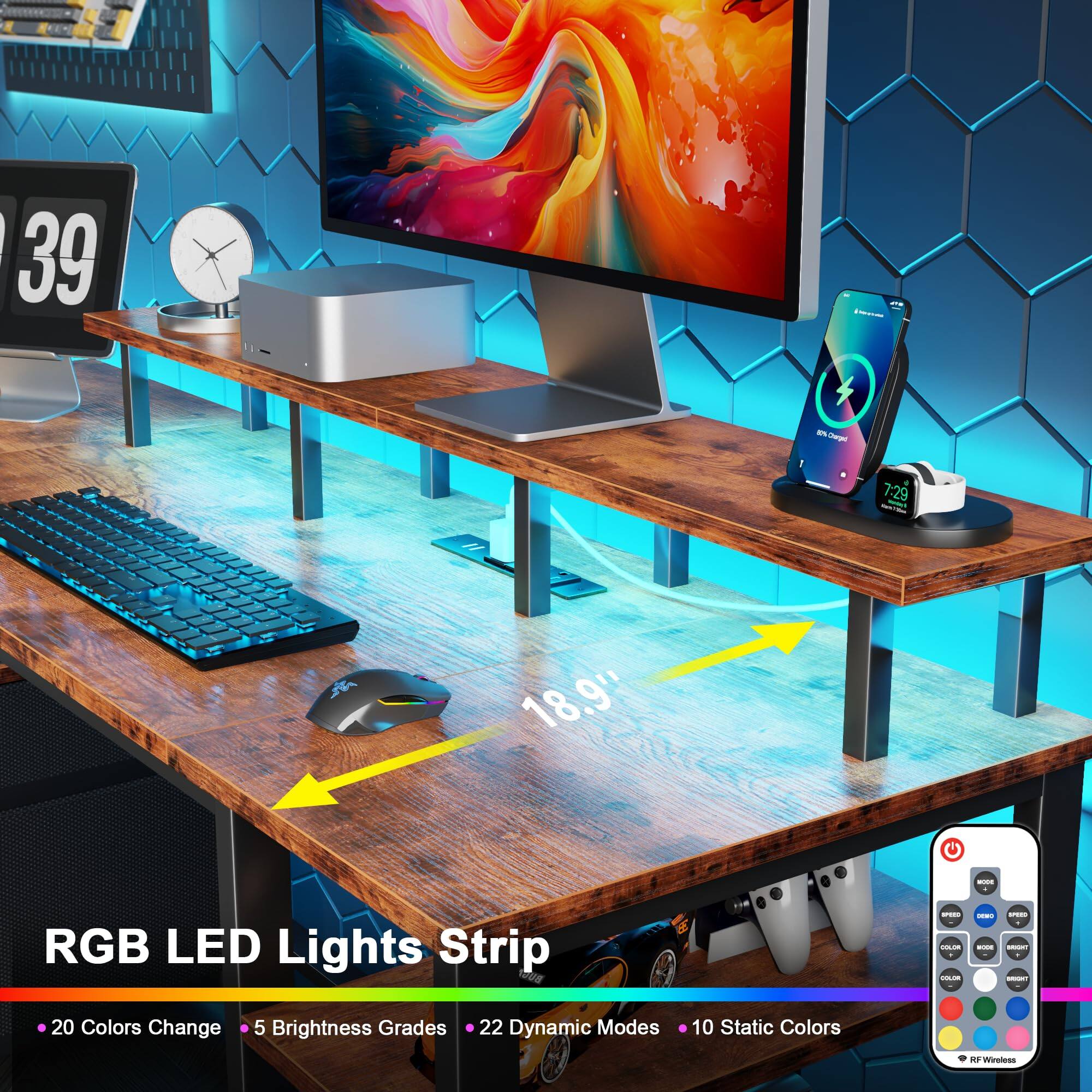 Sure, here is the corrected and grouped text from the image:

---

**RGB LED Lights Strip**

- 20 Colors Change
- 5 Brightness Grades
- 22 Dynamic Modes
- 10 Static Colors
- Wireless

---

**Dimensions:**
- 18.9"

---

**Additional Information:**
- 7:29
- 39

---