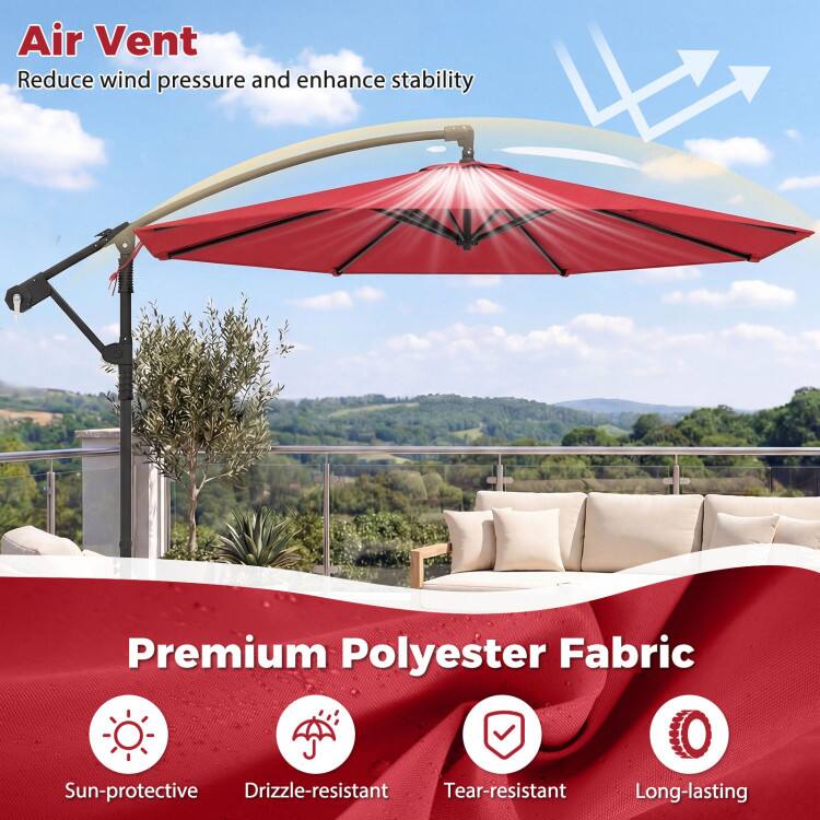 Air Vent  
Reduce wind pressure and enhance stability  

Premium Polyester Fabric  
Sun-protective  
Drizzle-resistant  
Tear-resistant  
Long-lasting