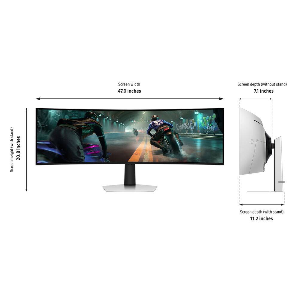 Screen width: 47.0 inches  
Screen height: 20.8 inches  
Screen depth (without stand): 7.1 inches  
Screen depth (with stand): 11.2 inches
