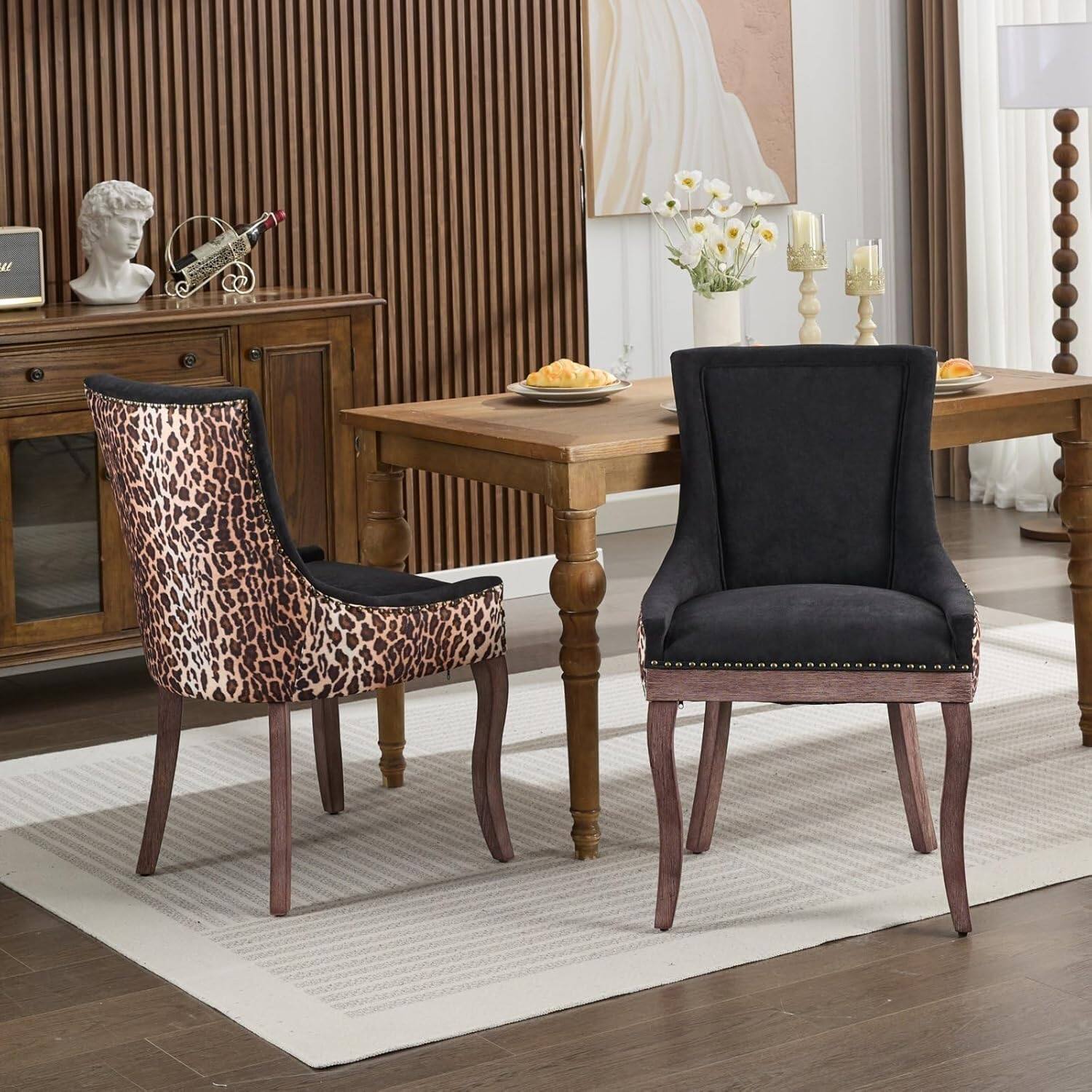 Trinkets Crazed - Upholstered Side Chairs Set of 2, Solid Wood Kitchen Dining Room Chairs with Nailheads Legs - Leopard Print