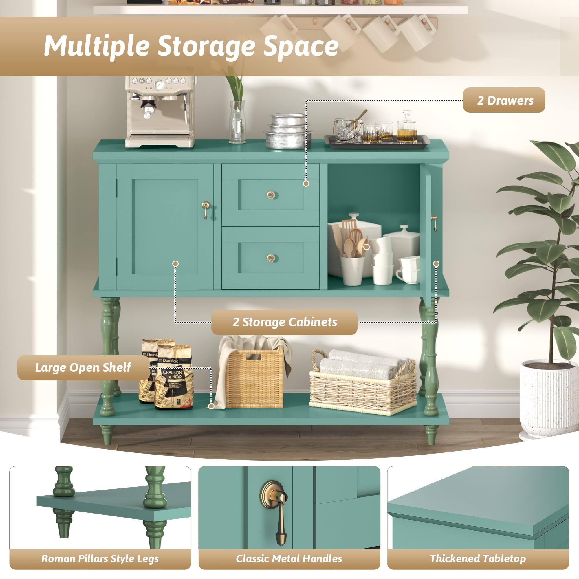 Multiple Storage Space  
2 Drawers  
2 Storage Cabinets  
Large Open Shelf  

Roman Pillars Style Legs  
Classic Metal Handles  
Thickened Tabletop