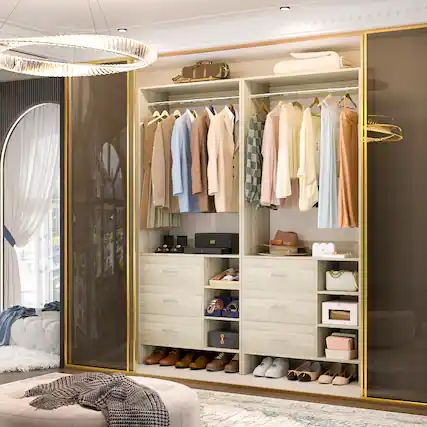 Front. Aheaplus - 5FT Closet System with 6 Drawers, 59'' Walk-in Closet Organizer with Hanging Rods for Small Space - Beige Oak.