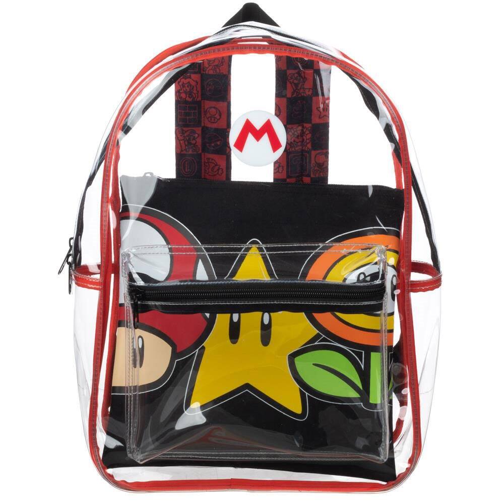 Front. Super Mario Bros. - Super Mario Transparent Backpack Clear 16" School Bag - Multicolored.