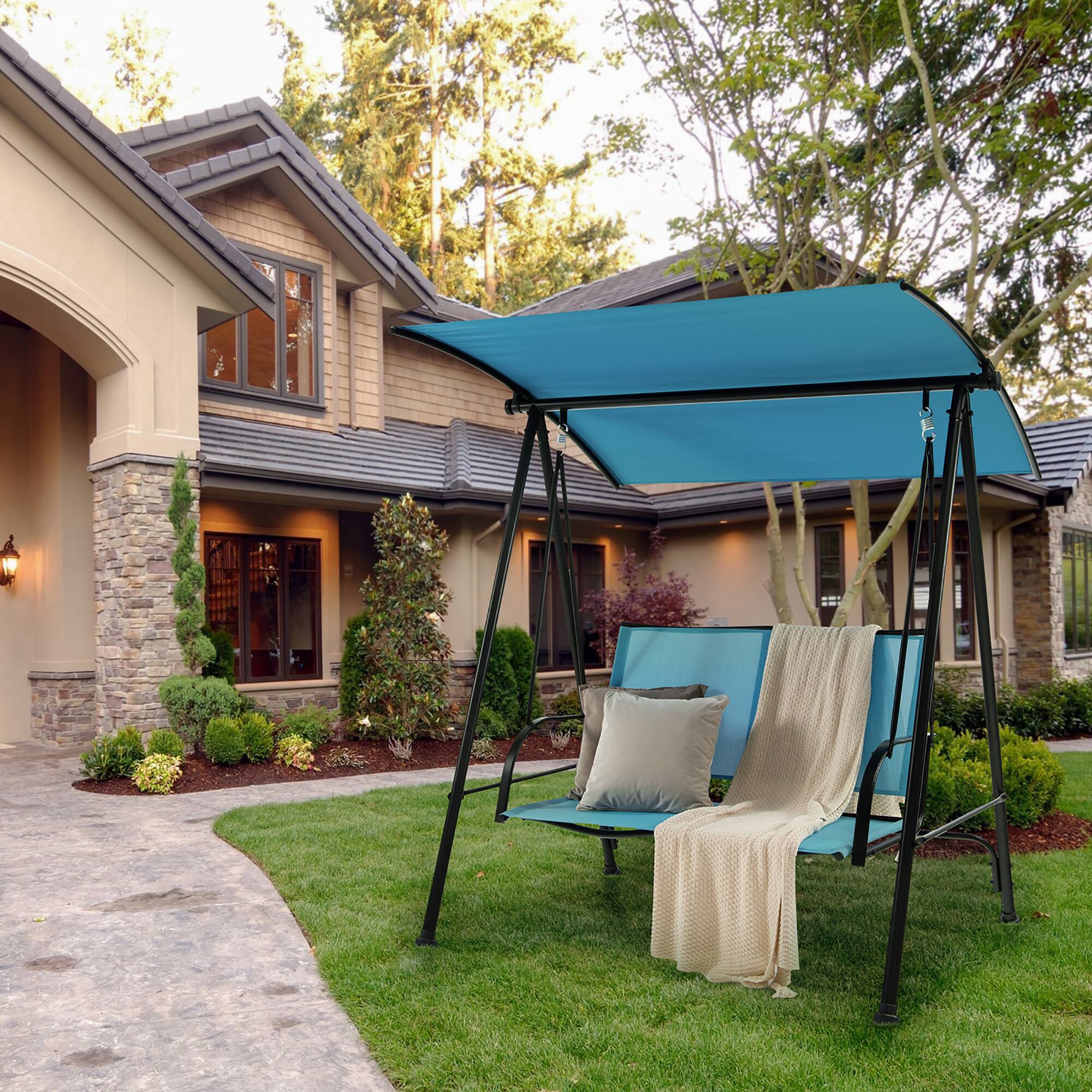Alt View 1. Costway - Costway 2-Seat Patio Swing Porch Swing with Adjustable Canopy for Garden - Blue.