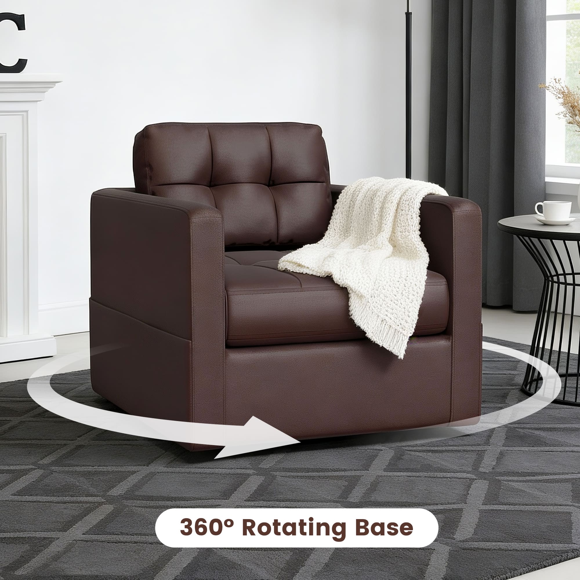 Brick Attic - 34.3″Wide Leather Swivel Armchair with Upholstered Base,360° Rotation Ergonomic Lounge Chair - Coffee