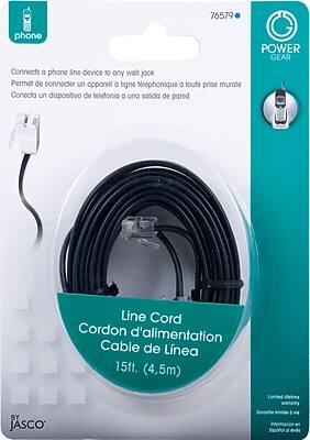 76579

Connects a phone line device to any wall jack  
Permet de connecter un appareil à ligne téléphonique à toute prise murale  
Conecta un dispositivo de telefonía a una salida de pared

Line Cord  
Cordon d'alimentation  
Cable de Línea  
15ft. (4.5m)

BY JASCO

POWER GEAR