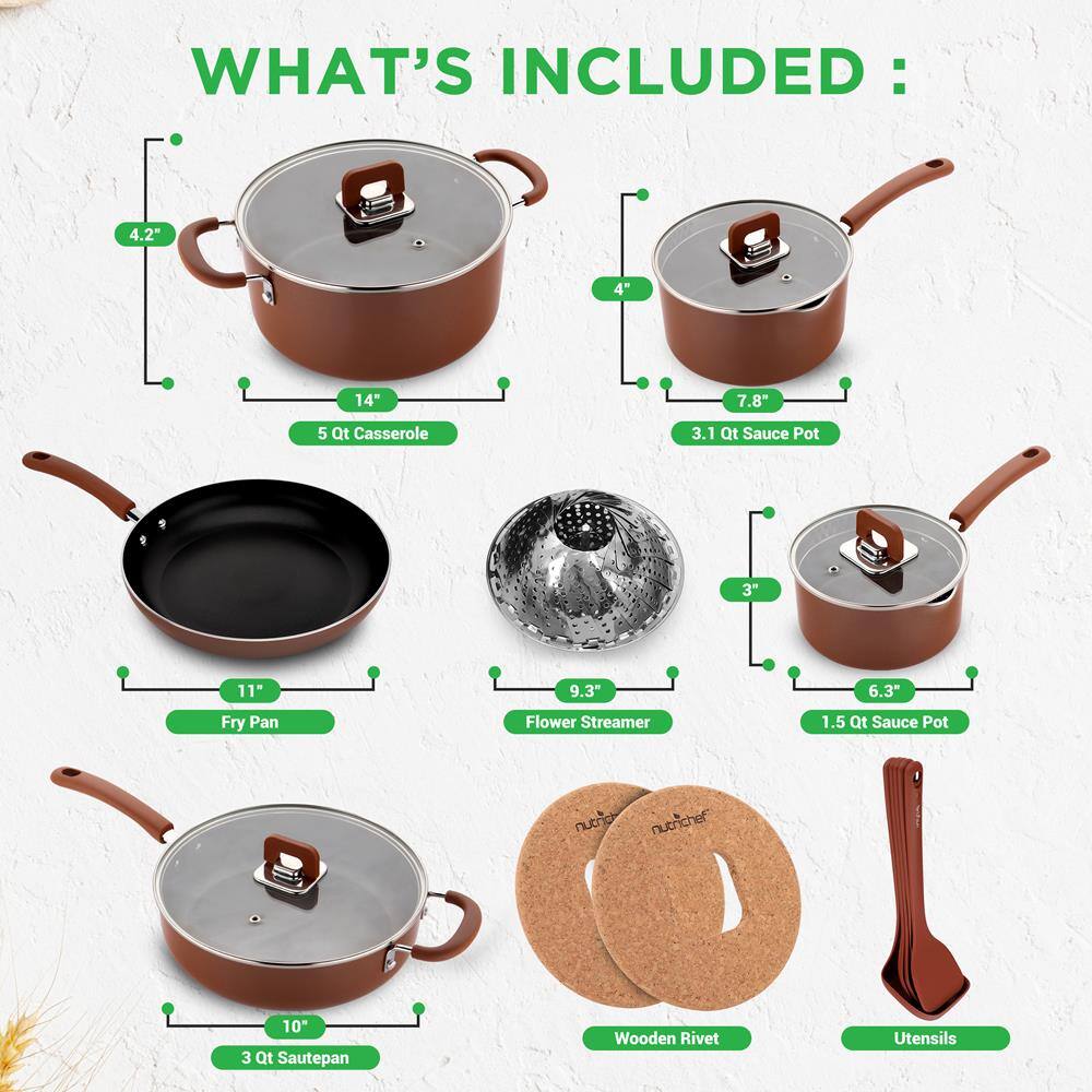 WHAT'S INCLUDED:

- 4.2" 14" 5 Qt Casserole
- 4" 7.8" 3.1 Qt Sauce Pot
- 11" Fry Pan
- 9.3" Flower Steamer
- 10" 3 Qt Sautépan
- 3" 6.3" 1.5 Qt Sauce Pot
- Wooden Rivet Utensils