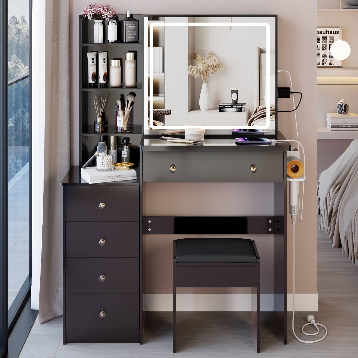 Loheer Makeup Vanity with Sliding Mirror, MDF Table with Padded Stool ...