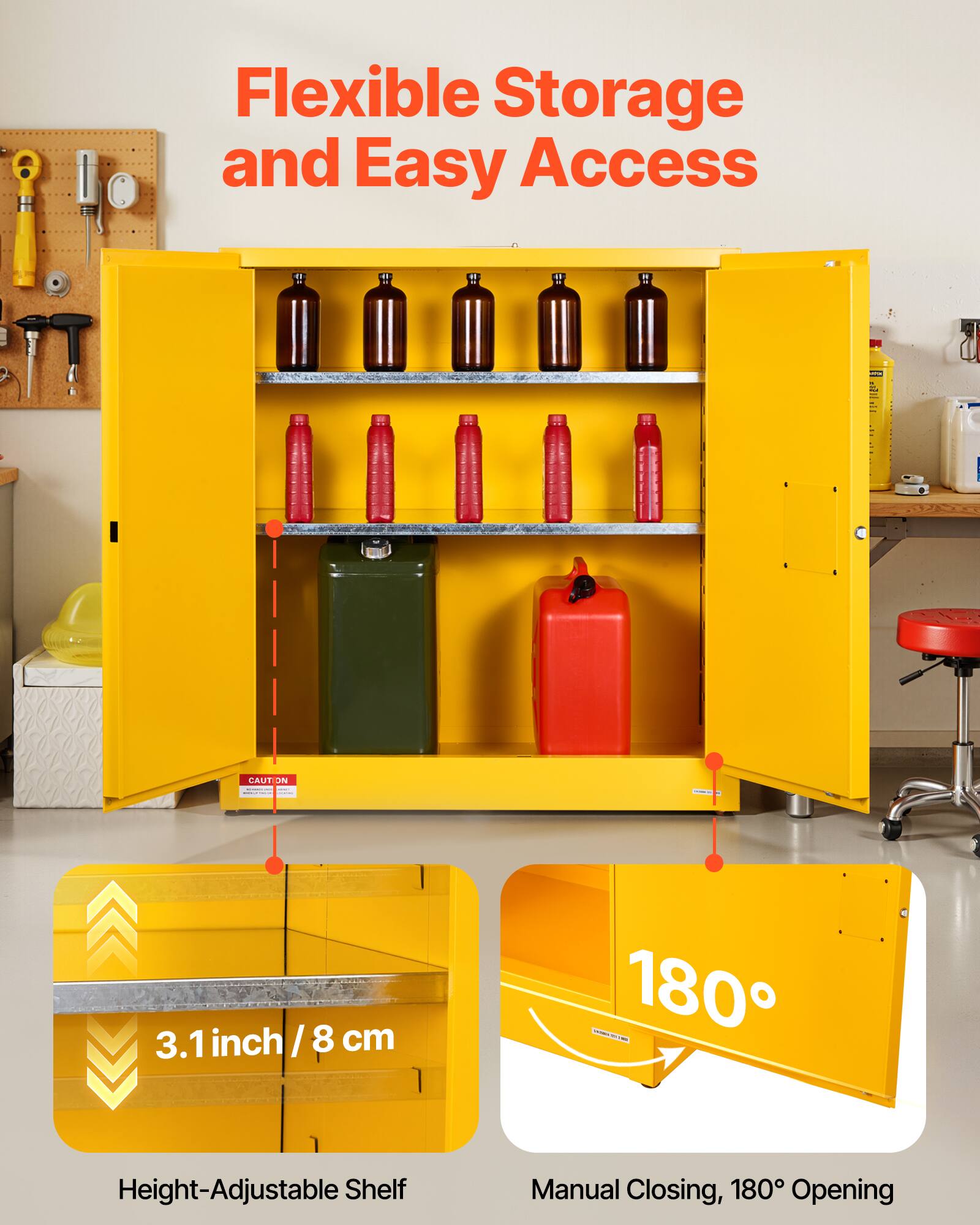 Flexible Storage and Easy Access

CAUTION

3.1 inch / 8 cm

Height-Adjustable Shelf

Manual Closing, 180° Opening