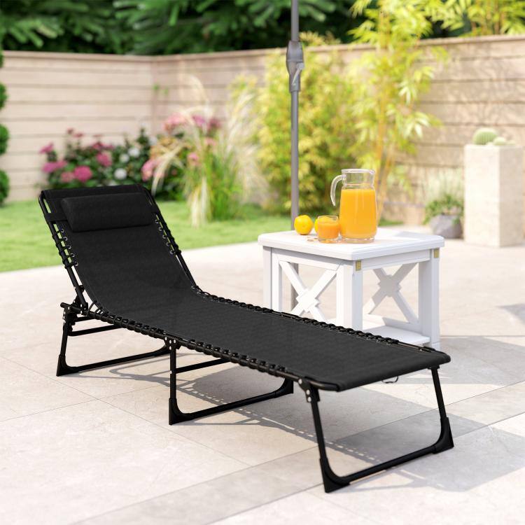 Alt View 7. PULUZ - Folding Chaise Lounge Pool Chair with 4-Position Reclining Back, Pillow, Breathable Mesh & Bungee Seat - Black.