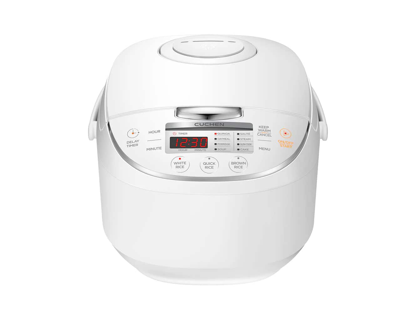 CUCHEN HOUR 1 OR MINUTE HOUR MINUTE DELAY 12:30 TIMER PORRIOGE KEEP WARM SAUTE CANCEL STEAM SLOW COOK ON/OFF START CARE MENU WHITE RICE QUICK RICE BROWN RICE