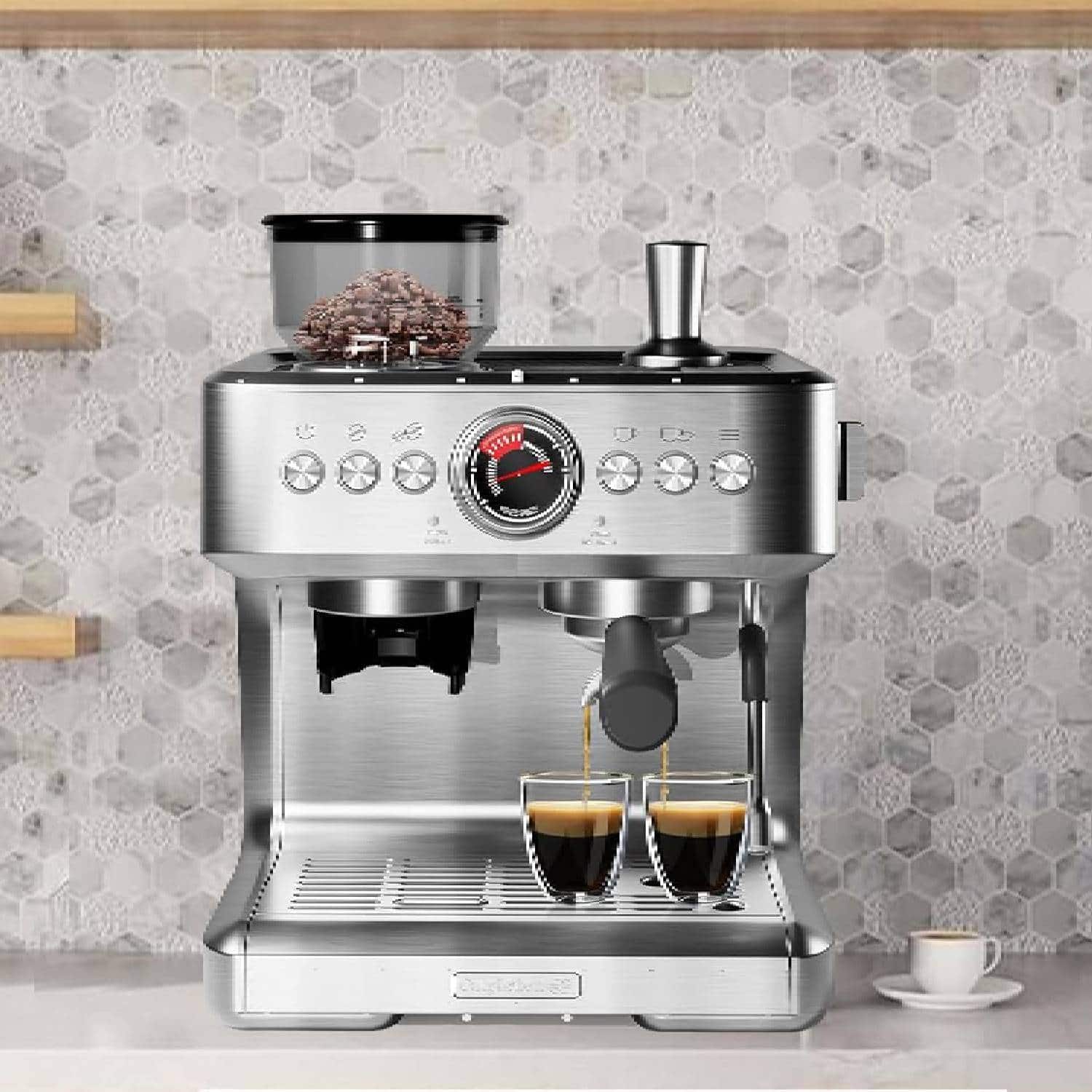 Acekool - Semi-Automatic Espresso Machine, 20 Bar Coffee Maker with 30 Grinding Setting - Silver
