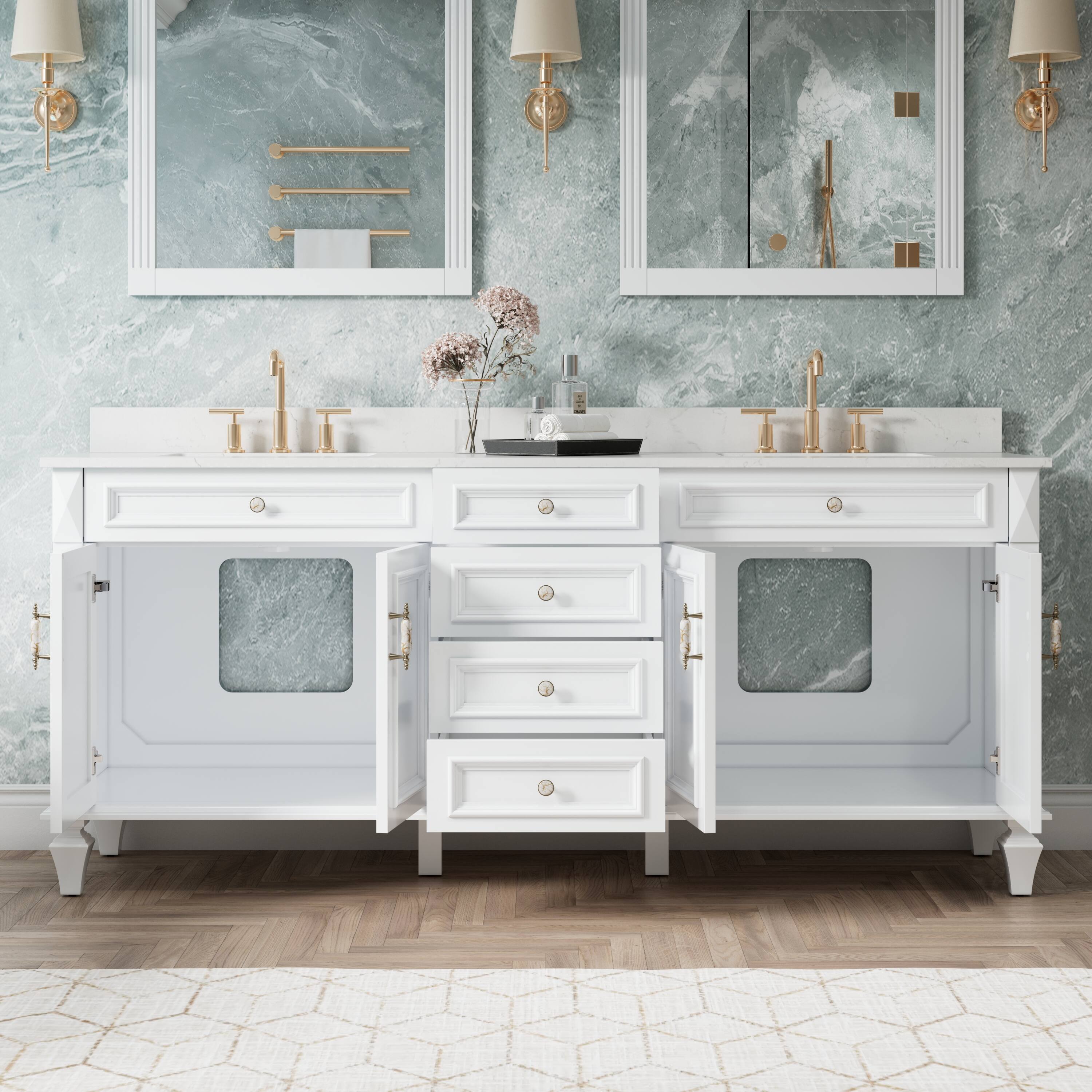 Left. WELLFOR - ARTWOOD 80 in. Solid Wood Bath Vanity with Quartz Top, Double Sink, Soft Close, Assembled - White.